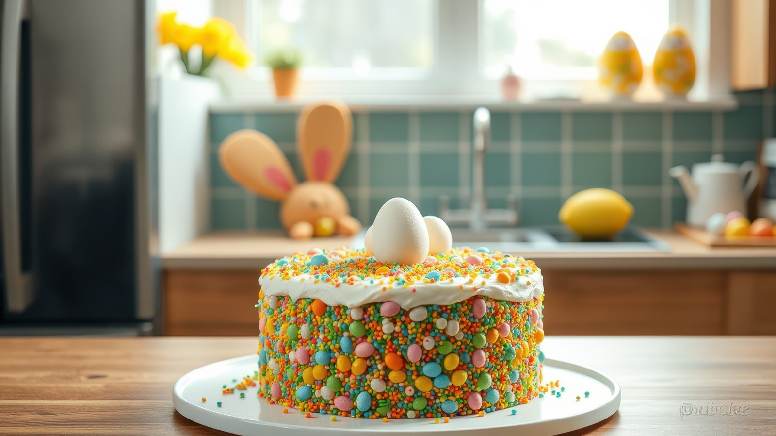Colorful Easter cake decorated with sprinkles and eggs in a bright kitchen full of seasonal decor